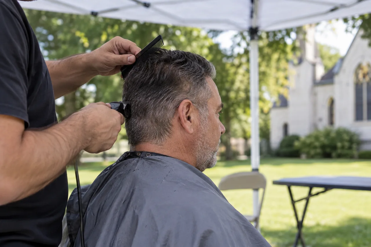 A volunteer trimming a man's hair with clippers under a white canopy, the man seated in a folding chair with a grey cape around his shoulders.