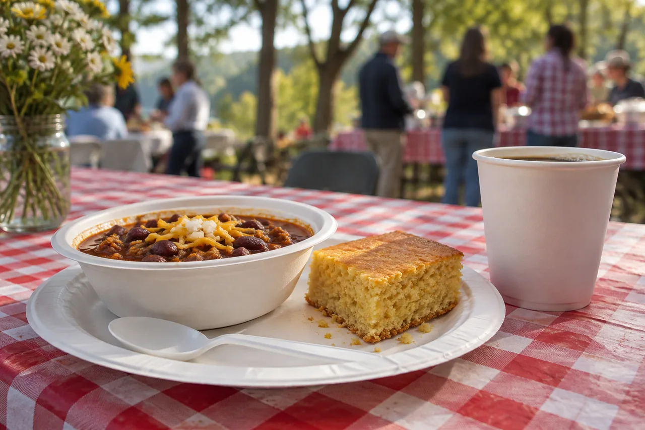 A bowl of chili, a square of cornbread and a cup of coffee on a paper plate, on a table with a red-and-white checked cloth outdoors.