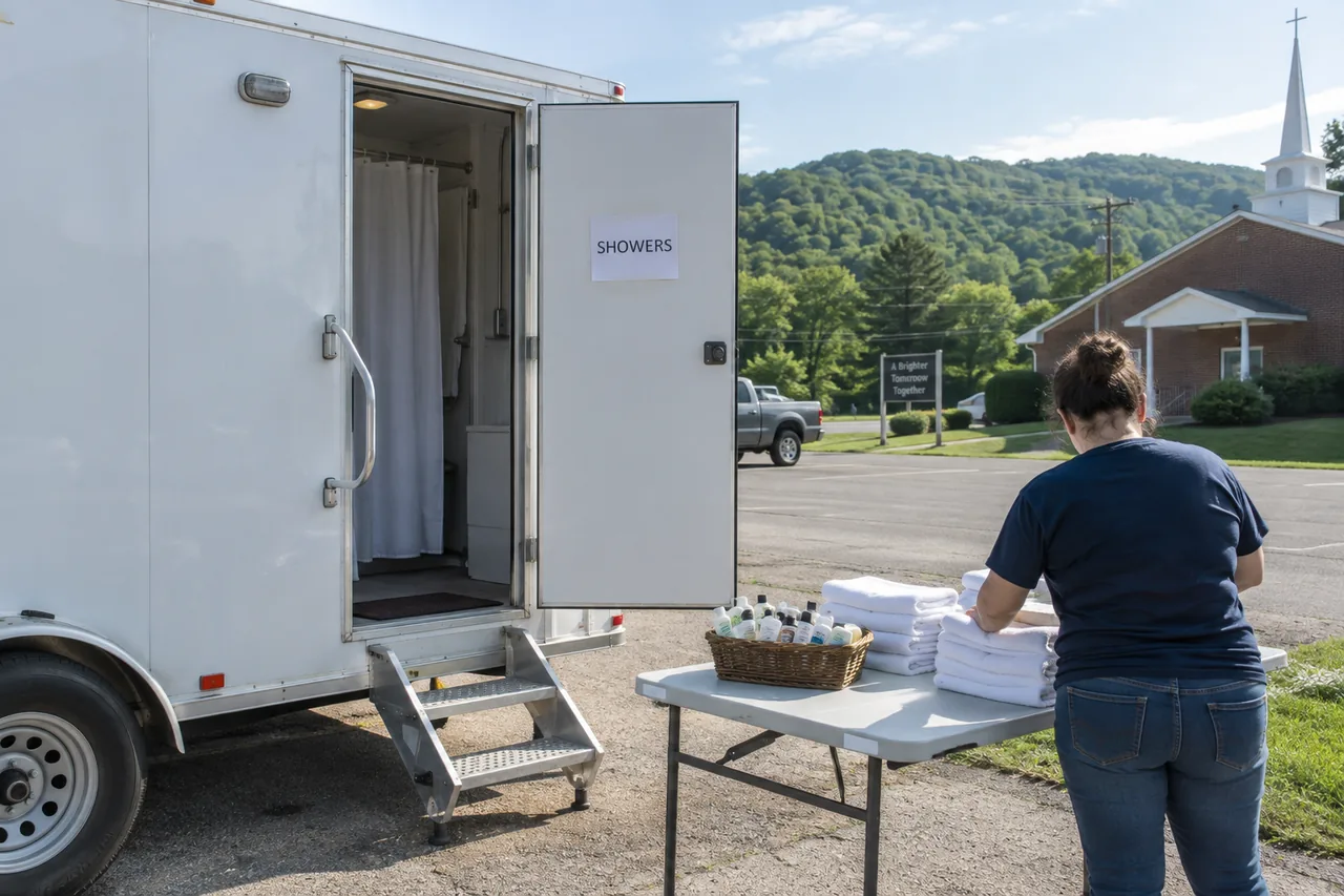 A white shower trailer with its door open in a church parking lot, a volunteer setting out folded towels and a basket of soap and shampoo on a table beside it.