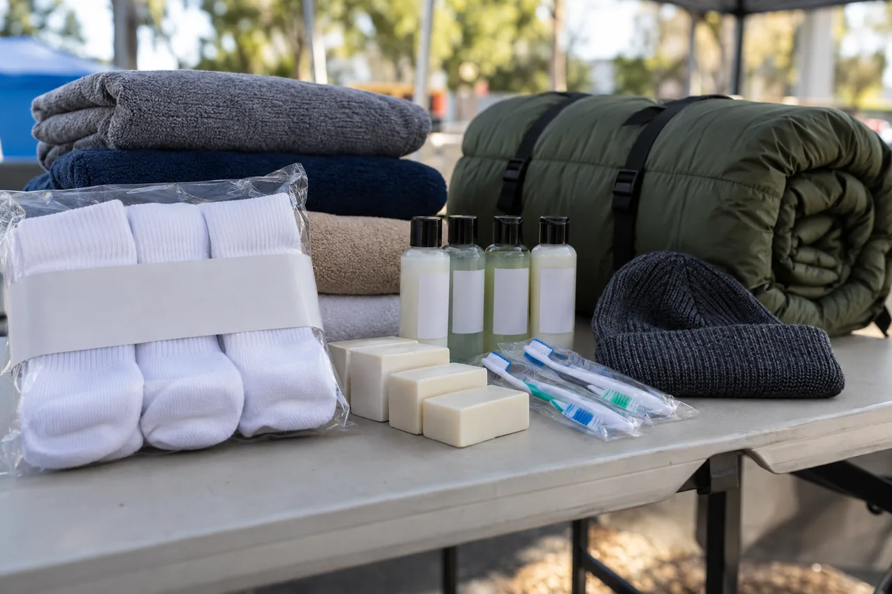 Packs of new white socks, folded towels, small shampoo bottles, bars of soap, toothbrushes, a knit hat and a rolled green sleeping bag on a table.